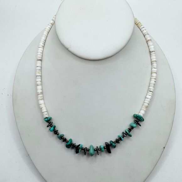 Vtg Heishi Shell Turquoise Hematite Chip Necklace Southwest Stone Jewelry 17” - Picture 2 of 11